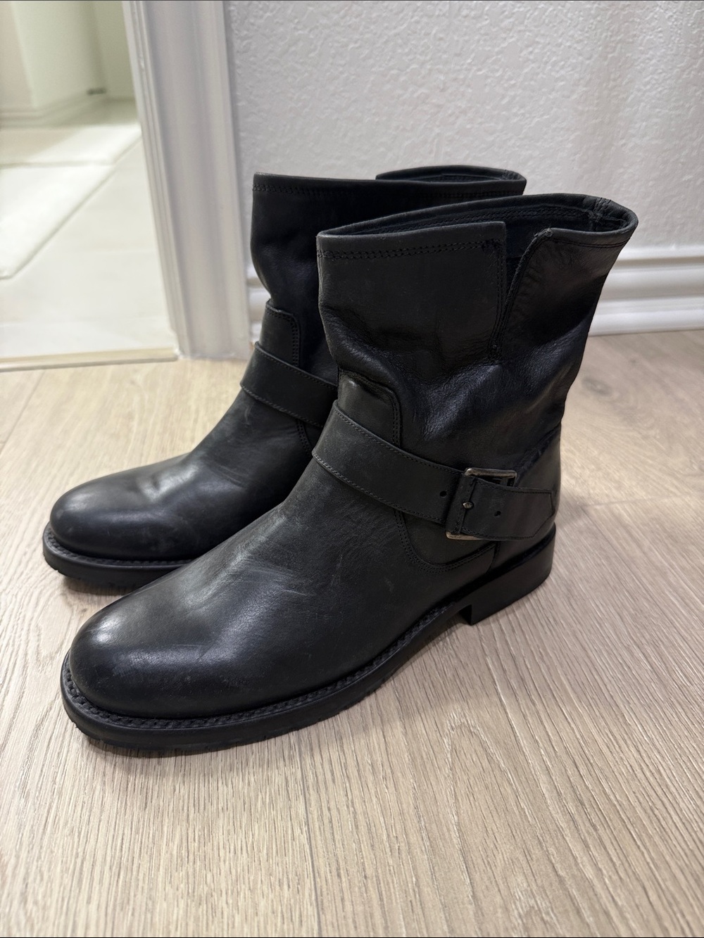Frye Black Leather Mid-Calf Engineer Boots with Buckle